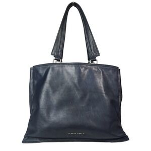 Etienne Aigner Navy Blue Leather Tote Bag Triple Compartment Silver Hardware